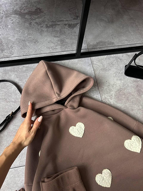 Жіночий теплий прогулянковий костюм-двійка з сердечками тринитка на флісі + ангора рубчик Моко, 42/44 Одеса - фото 4