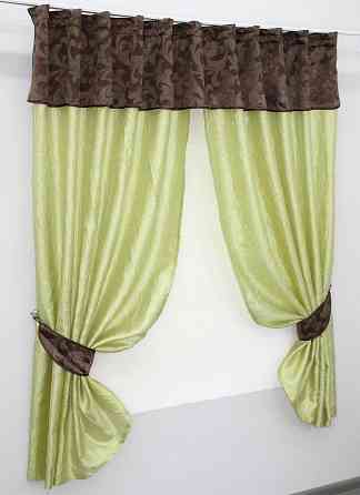 Кухонные шторы VR-Textil № 073к с ламбрекеном и подхватами салатовый с коричневым 270х170 см (52-0157) Киев