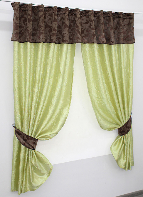Кухонні штори VR-Textil № 073к з ламбрекеном і підхватами салатовий із коричневим 270х170 см (52-0157) Київ - фото 2
