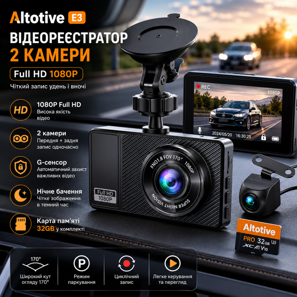 Відеореєстратор автомобільний Altotive E3 Dual 2 камери 1080P Full HD Реєстратор в авто з G-сенсором та карти пам'яті 32GB Київ - фото 9