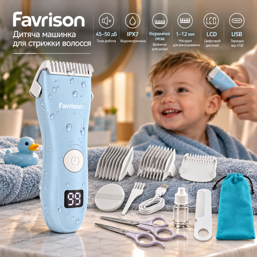 Дитяча машинка для стрижки волосся Favrison, тиха 45–50 дБ, IPX7, керамічні леза, LCD, USB, насадки 1–12 мм Київ - фото 1