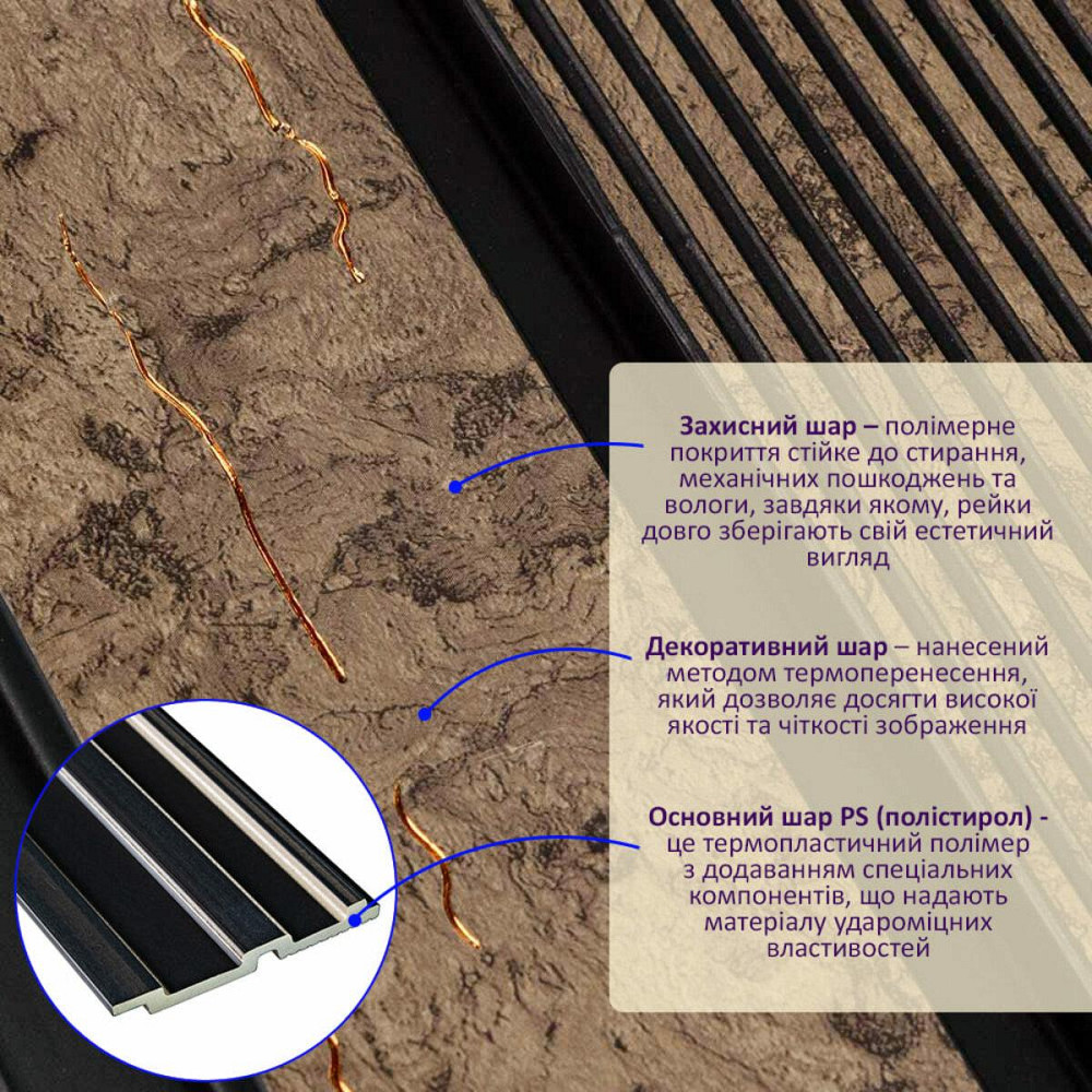 Рейка декоративная PS 2900х120х12мм Коричневый с золотыми прожилками SW-00001749 Днепр - изображение 8