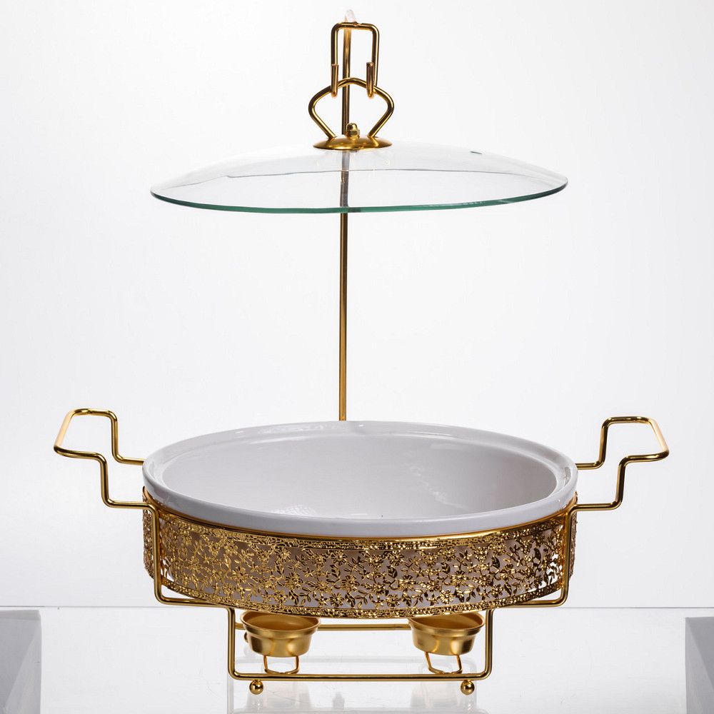 Кругла фарфоровая мармитниця 2.5 л на підставці з золотом Київ - фото 1