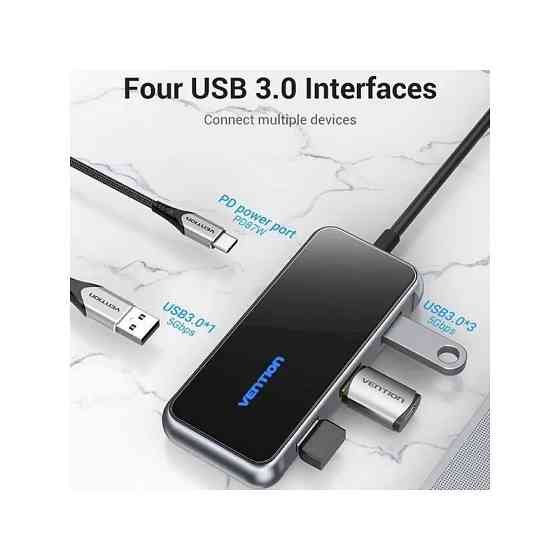 Концентратор Vention 5 в 1 Type-C-USB-PD 4USB 3.0 87W 4K 30Hz 0.15m Black (TFDHB) Чорний Харків