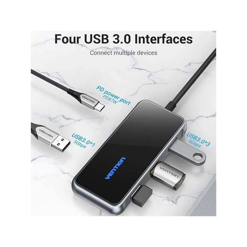 Концентратор Vention 5 в 1 Type-C-USB-PD 4USB 3.0 87W 4K 30Hz 0.15m Black (TFDHB) Чорний Харків - фото 2