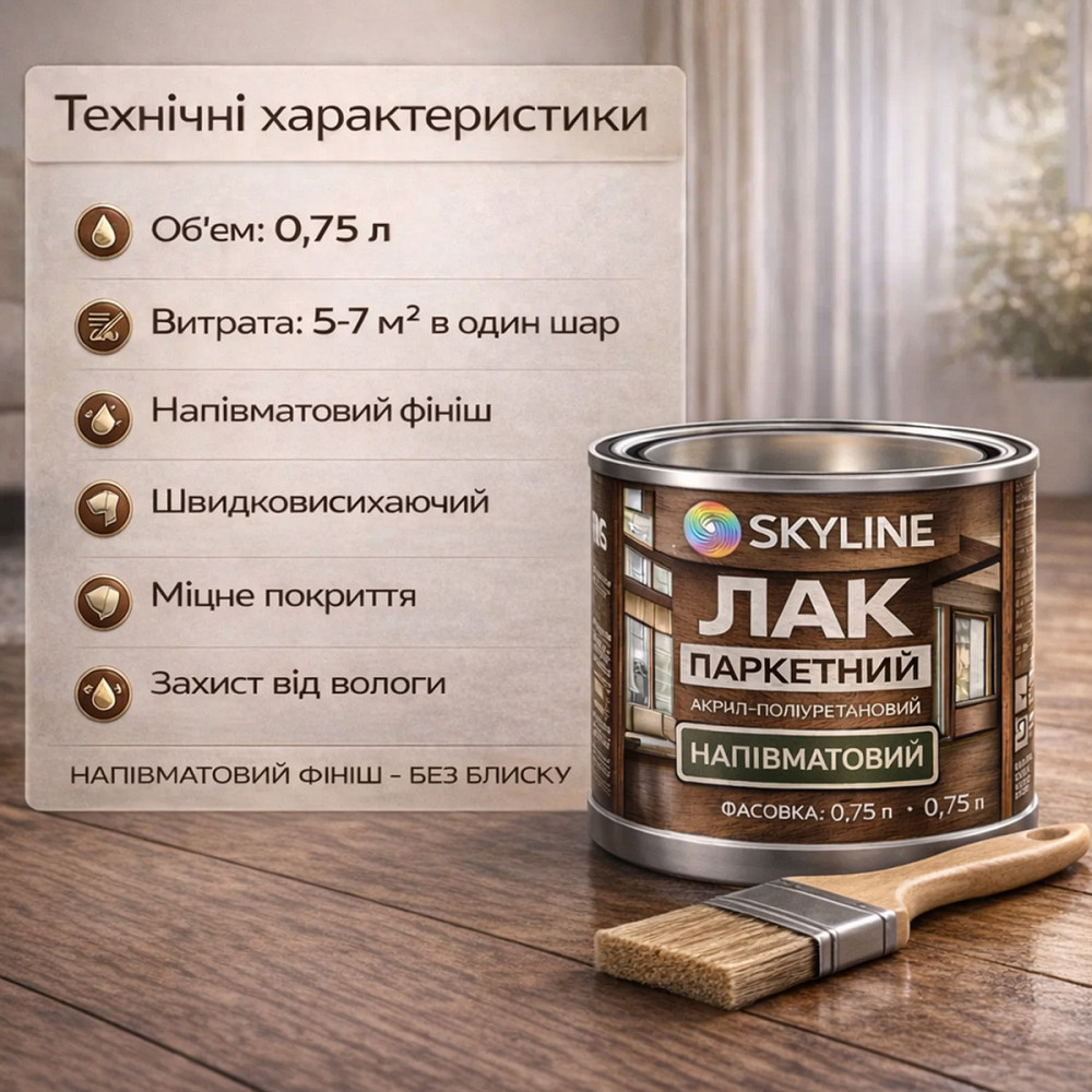 Лак для підлоги напівматовий Skyline паркетний, акрил-поліуретановий, водний, зносостійкий, без запаху, 750 мл Харків - фото 10