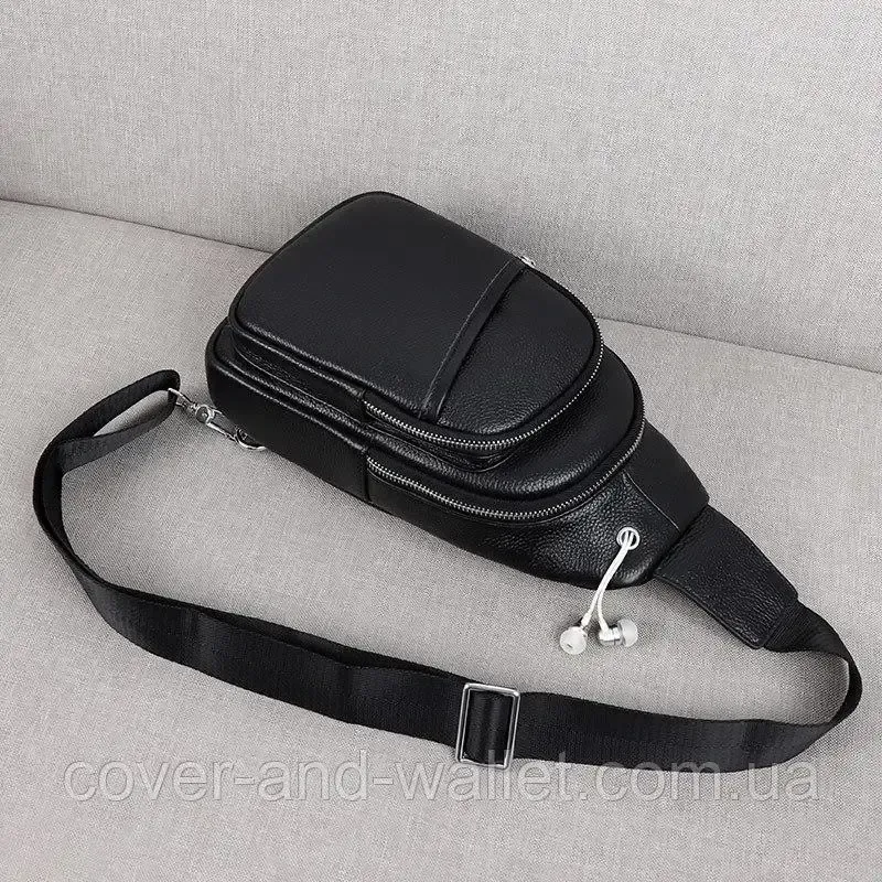 Удобная мужская сумка-слинг из фактурной кожи черного цвета Puos Киев - изображение 12