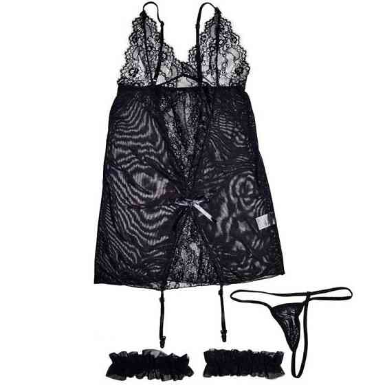 Коротенький пеньюар з підв'язками для панчіх чорний XS-S - Еротична білизна Вінниця