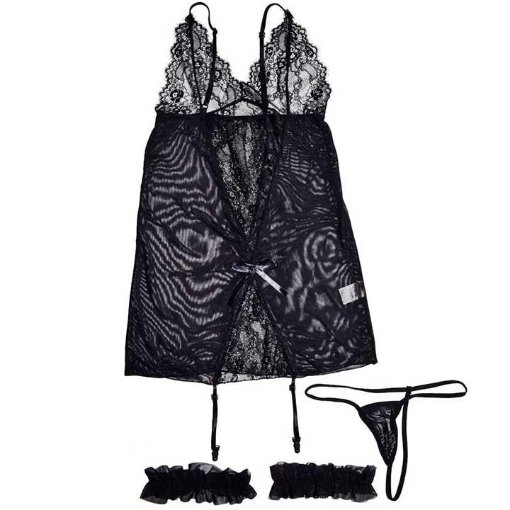 Коротенький пеньюар с подвязками для чулок черный XS-S – Эротическое бельё Винница - изображение 6