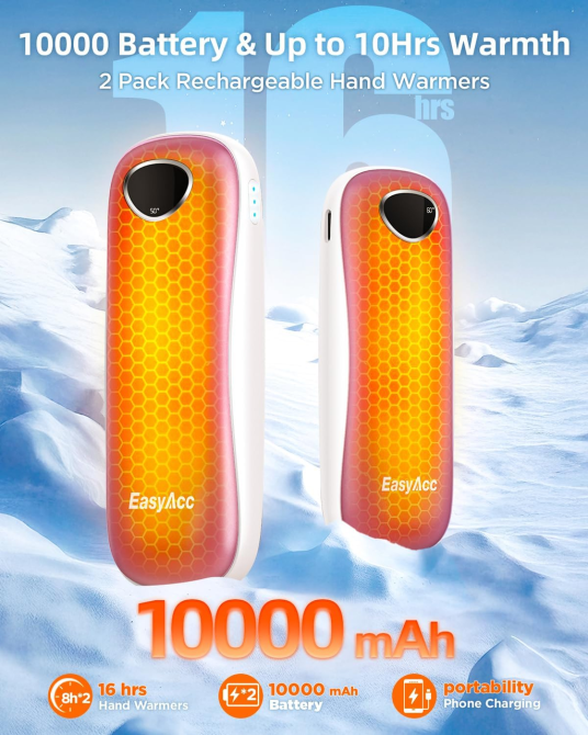 Акумуляторні грілки для рук EasyAcc 10000 мАг Набір 2 шт Електрична грілка багаторазова з LED-дисплеєм Рожево-біла Київ - фото 3