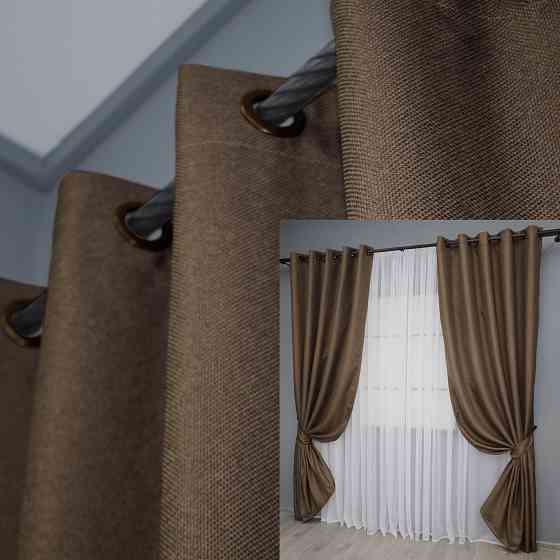 Комплект штор на люверсах VR-Textil Льон-блекаут Льон Мішковина № 277ш Коричневий 150х250см 2 шт (37-0189) Київ