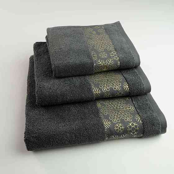 Комплект махровых полотенец Новогодние Merry Christmas Снег 3шт GM Textile 40х70см, 50х90см, 70х140см 500г/м2 (Темно-Серый) Сумы