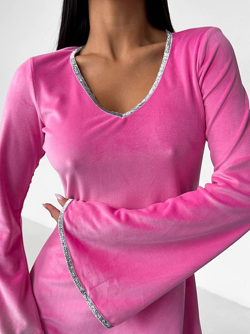 Стильное женское платье  с v-вырезом турецкий велюр Розовый, 44/46 Одесса - изображение 6