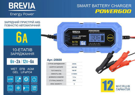 Мощное зарядное устройство для АКБ Brevia Power 600 : 6V/12V 6A (20600EP) Киев