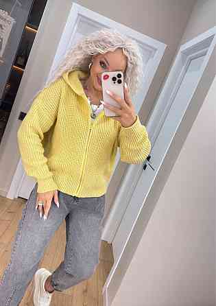 Кардиган в'язаний із капюоном на блискавці толстовка Жовтий Київ