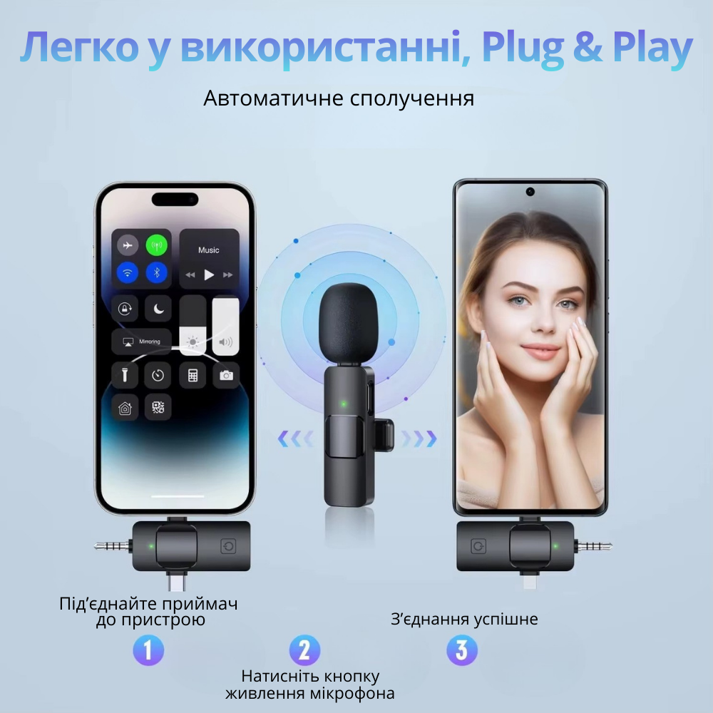 Микрофоны беспроводные петличные с шумоподавлением ONELEADER K15,подключение разъёмы 3в1 Type C, 3.5mm Headphone,Lightning Каменец-Подольский - изображение 5