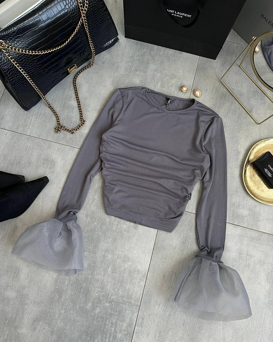 Лонгслів із воланами з турецької віскози + органза Графіт Одеса - фото 3