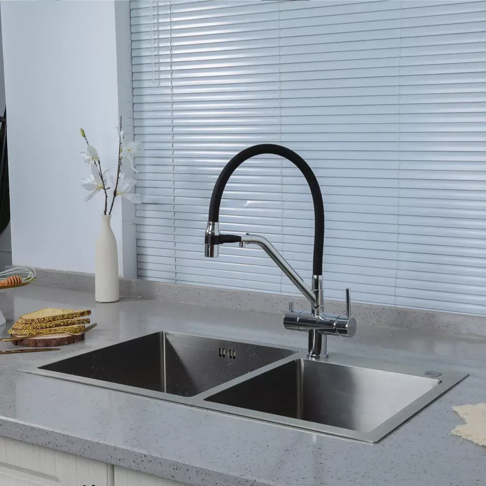 Змішувач для кухні з підключенням до фільтру GAPPO G4398-80 та гнучким виливом, хром/чорний Київ - фото 2