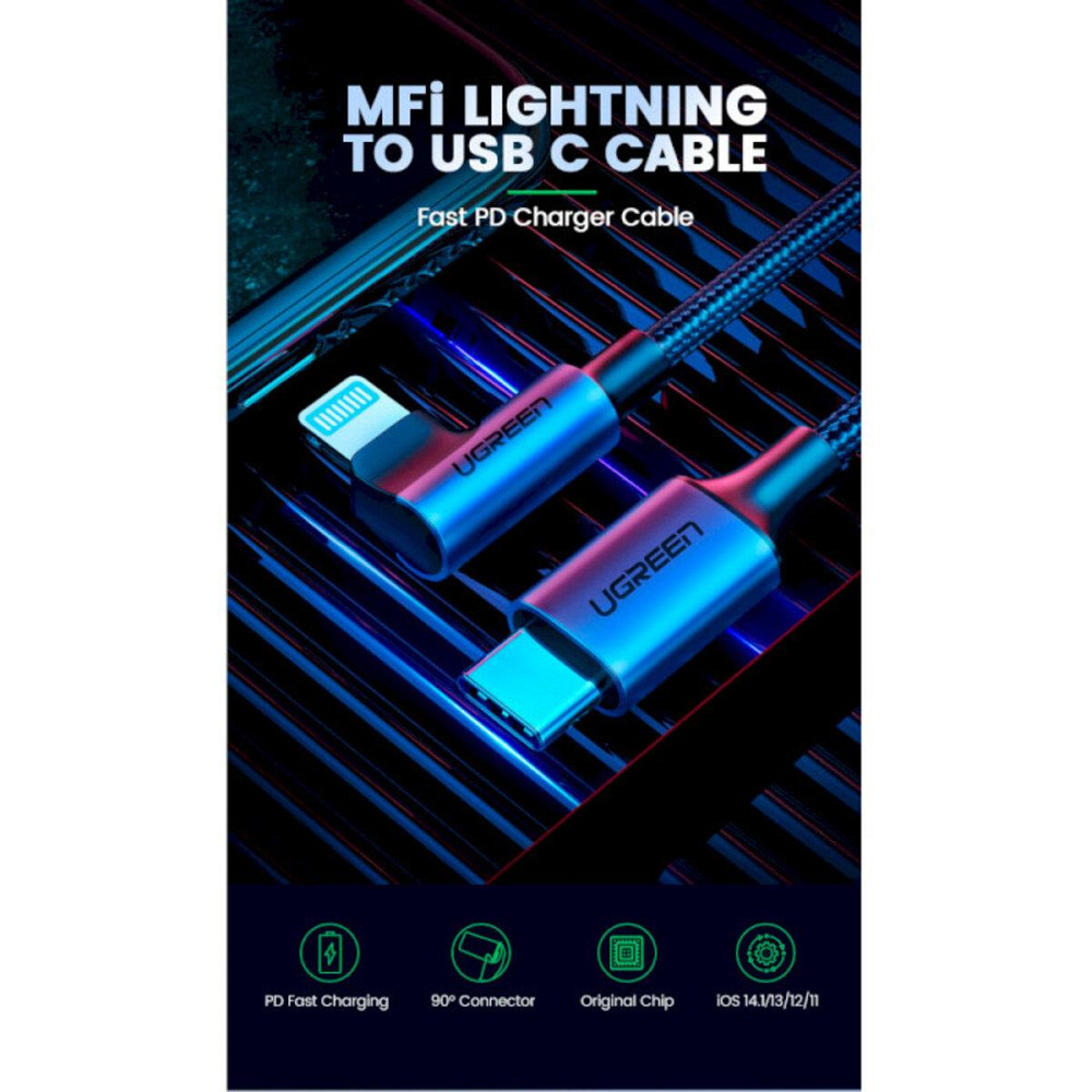 Кабель UGREEN US305 USB-C to Lightning Angled Cable Aluminum Shell Braided 1m(UGR-60763) Николаев - изображение 3
