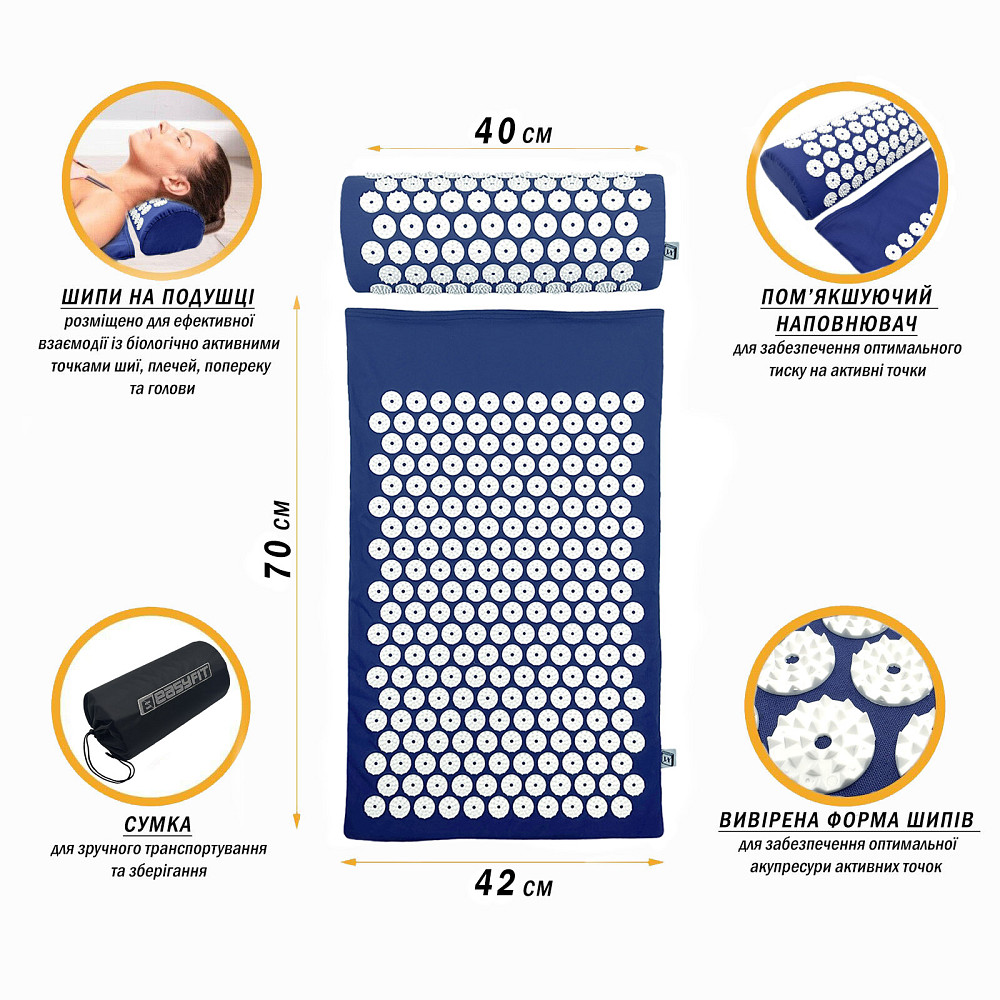 Масажний килимок Easyfit з подушкою (аплікатор Кузнєцова) Синій з білим Коломия - фото 2