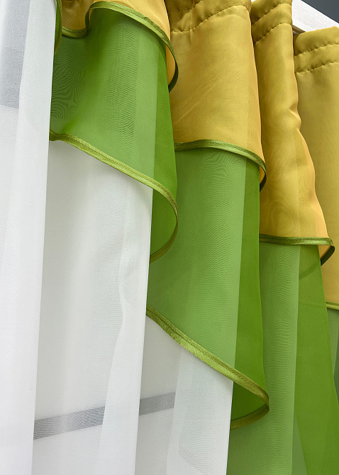 Кухонна занавіска VR-Textil № 114к ламбрекен і тюль оливковий з золотистим та білим 270х170 см (52-0611) Київ - фото 8