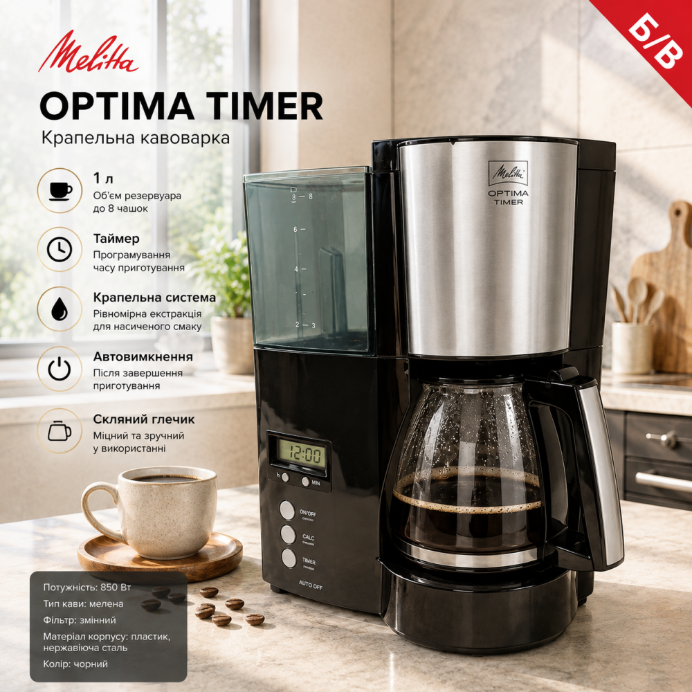Б/у Капельная кофеварка Melitta Optima Timer 850 Вт, 1 л, таймер, 8 чашек, стеклянный кувшин, черная Киев - изображение 11