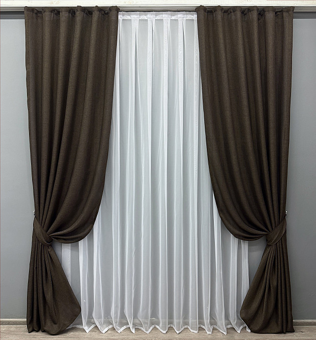 Комплект готовых штор VR-Textil Лен Мешковина № 107ш Венге 100х270 см 2 шт (31-111) Киев - изображение 2