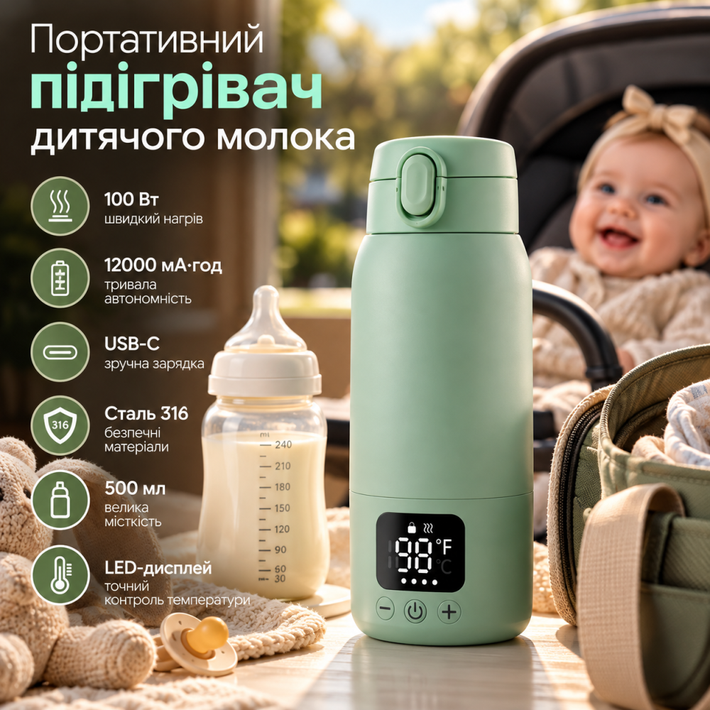 Портативный подогреватель детского молока 500 мл, 100 Вт, аккумулятор 12000 мА·ч, USB-C, LED-дисплей, сталь 316 Киев - изображение 1