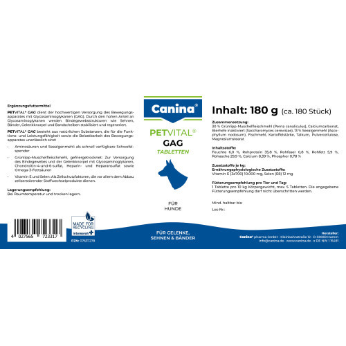 Мінеральний комплекс Canina Petvital GAG для собак для суглобів і тканин глюкозамін з екстрактом мідій 180 г 180 табл. Київ - фото 2