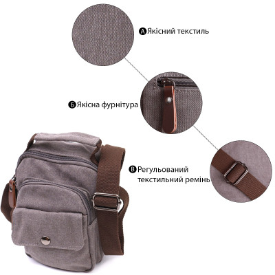 Сумка Vintage Мужская из плотного текстиля Серая (22217) Винница - изображение 10