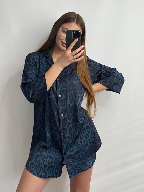 Женская ночная рубашка сатиновая Синий Лео XL Харьков - изображение 1