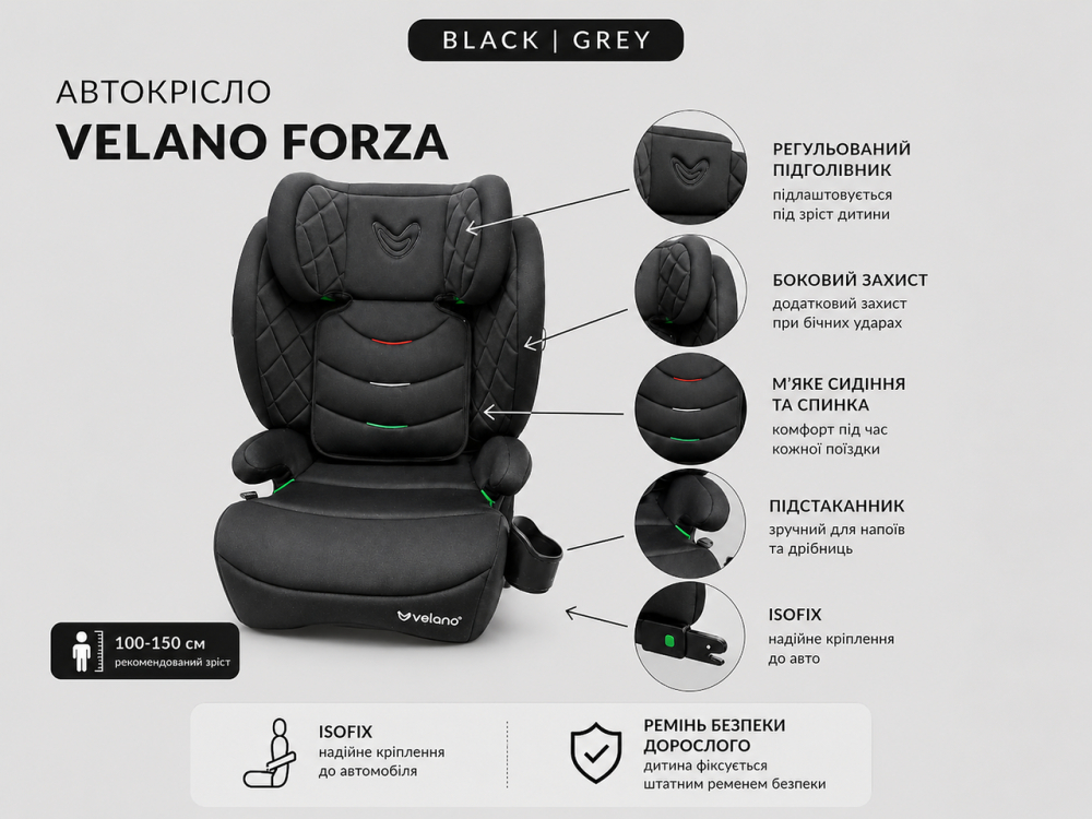 Автокрісло VELANO Forza 2 в 1 i-Size 100–150 см, ISOFIX, black Київ - фото 10