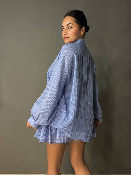 Костюм жіночий Xingyue 318-3 мусліновий у клітинку сорочка оверсайз і спідниця-шорти, блакитний, one size Київ - фото 6