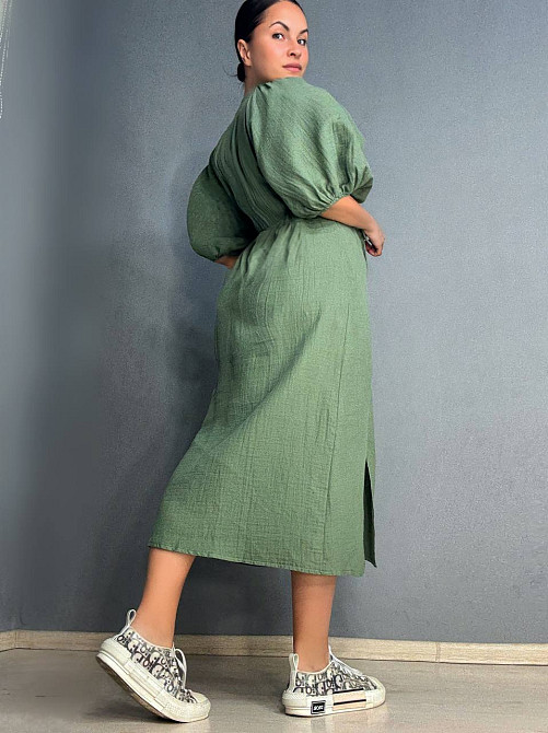 Сукня жіноча Mix Ray 4196 довга з розрізом вузол на грудях з муслину хакі, хакі, M Київ - фото 15