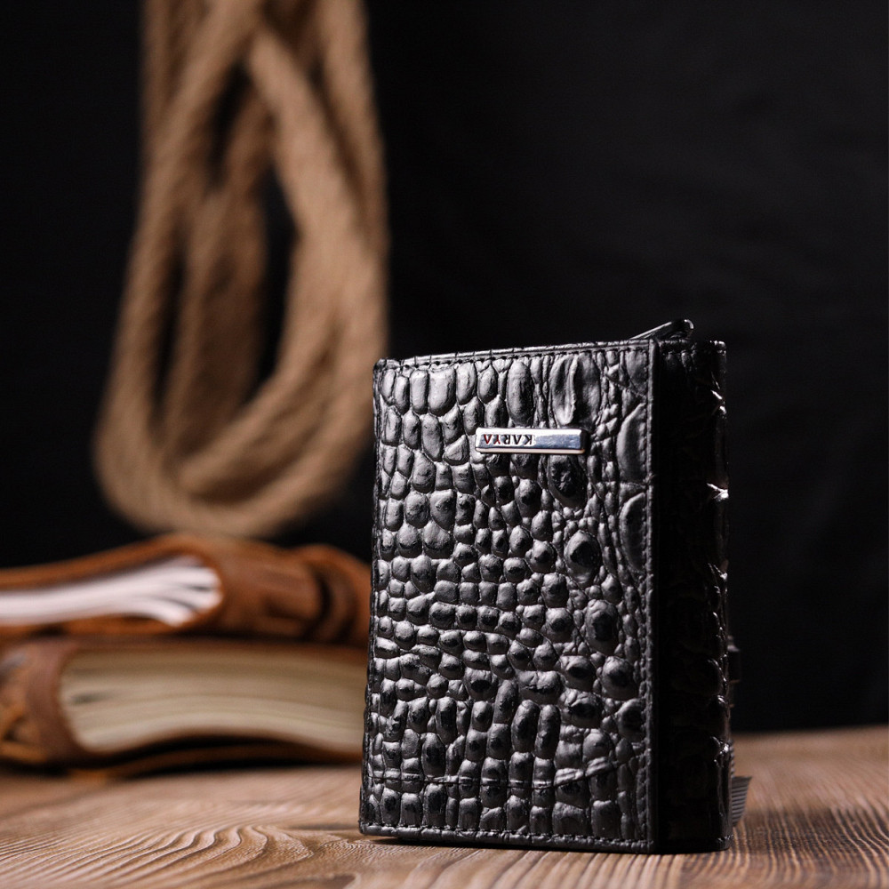 Визитница из натуральной фактурной кожи под крокодила KARYA 20990 Черный Киев - изображение 10