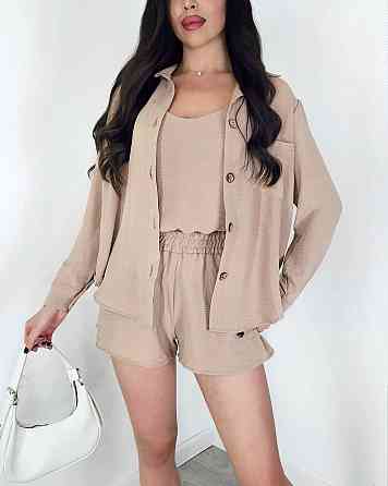 Жіночий легкий костюм-трійка: сорочка, майка та шорти креп жатка Беж, 42/44 Одеса