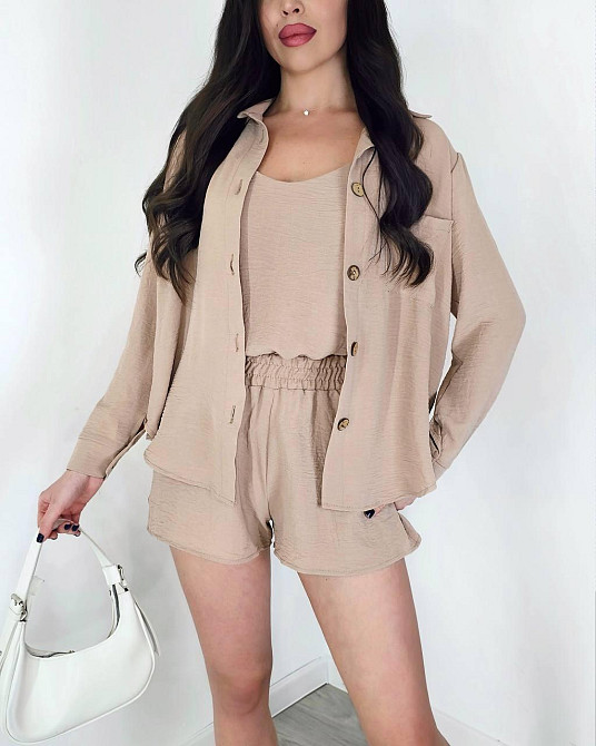 Жіночий легкий костюм-трійка: сорочка, майка та шорти креп жатка Беж, 42/44 Одеса - фото 1