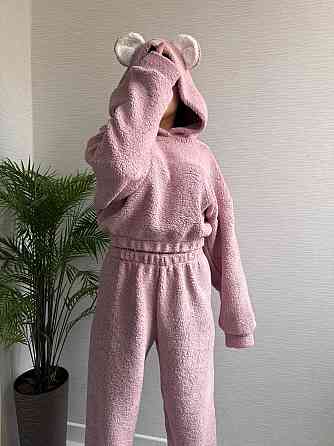 Жіноча стильна домашня плюшева піжама з вушками хутро тедді Пудра Одеса