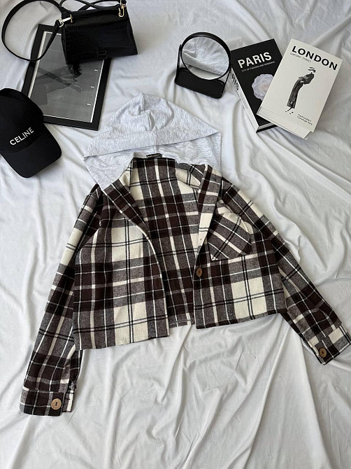 Женская оверсайз рубашка в клетку с капюшоном турецкий кашемир Шоколад, 48/50 Одесса - изображение 1