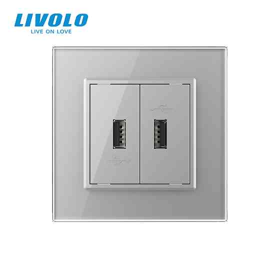 Розетка подвійна USB з блоком живлення Livolo сірий скло (VL-C792U-15) Коломыя