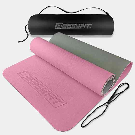 Килимок для йоги та фітнесу EasyFit TPE+TC 6 мм двошаровий рожево-сірий + чохол сірий із чорним Коломыя