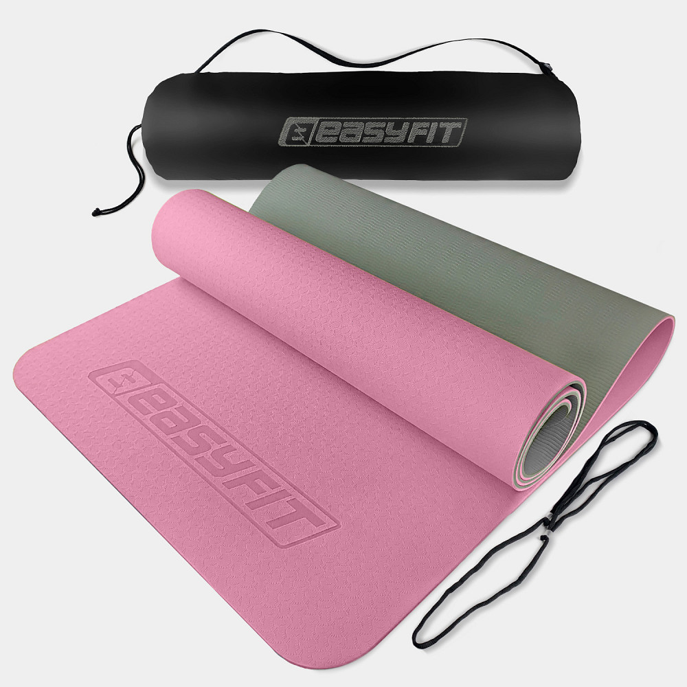 Килимок для йоги та фітнесу EasyFit TPE+TC 6 мм двошаровий рожево-сірий + чохол сірий із чорним Коломия - фото 1