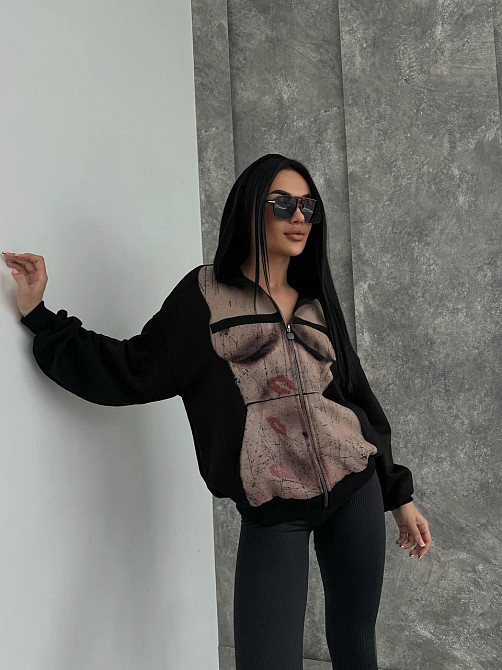 Женская стильная оверсайз худи с капюшоном на молнии петля пенье + турецкая рибана Одесса - изображение 6