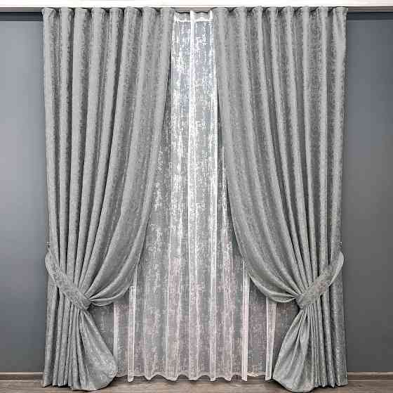 Комплект штор VR-Textil Льон Мармур 150х270 2шт і Тюль 500х270 1263ш-1400т Світло-сірий з білим 71-133/4 Київ