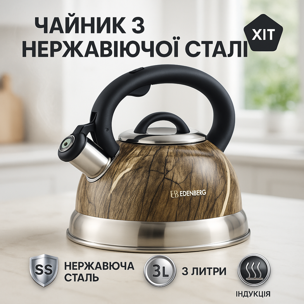Чайник Edenberg EB-8871 из нержавеющей стали со свистком 3л Gray ZN-26 Львов - изображение 11
