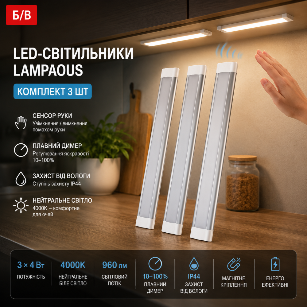 Б/У LED-светильники LAMPAOUS 3×4 Вт 4000K 960 лм, сенсор руки, диммер 10–100%, IP44, комплект 3 шт Киев - изображение 9