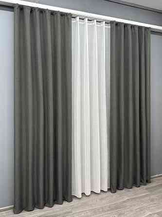 Комплект штор VR-Textil Лен Мешковина 200х270 2шт и Тюль 600х270 1282ш-115т Серый с белым 71-027/7 Киев