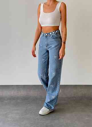 Жіночі прямі джинси з бантиками на високій посадці 27 Одеса