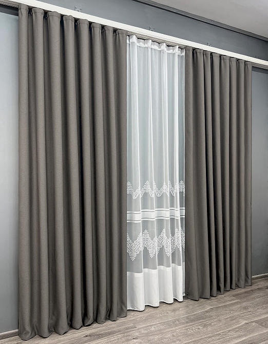 Комплект штор VR-Textil рогожка преміум TERRA LUXE 200х270 2шт і Тюль 600х270 1856ш-1704т Темно-сірий з білим 71-110/7 Київ - фото 3