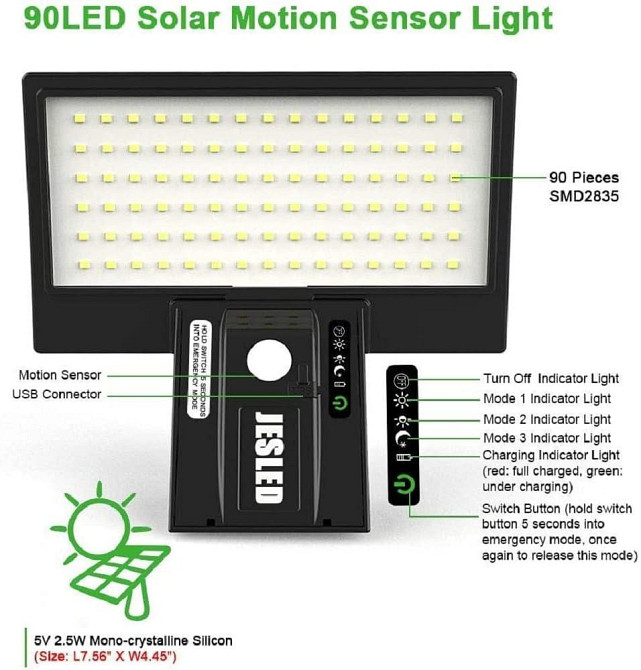 Сонячний світильник JESLED 90 LED з датчиком руху, акумулятор 2600 мАг, IP65, чорний, для подвір’я, фасаду, вулиці Київ - фото 2